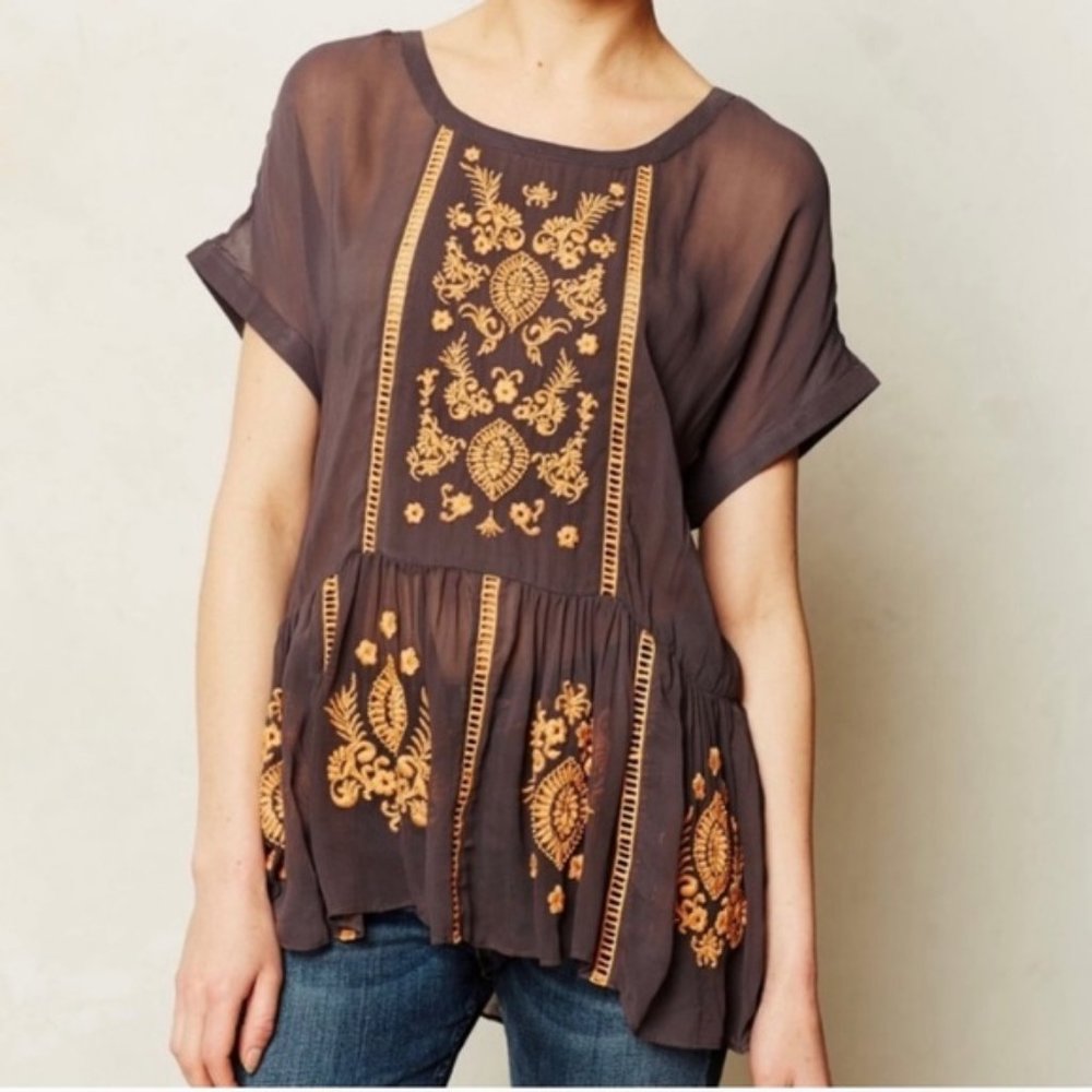 Anthro Vanessa Virginia Antala sheer gray embroidered beaded peplum top
